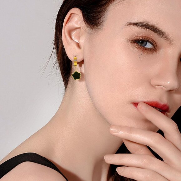 Women's 18K Gold-Plated Zircon Earrings Hoop Dangle Clover Earring Golden Black - Picture 3 of 7